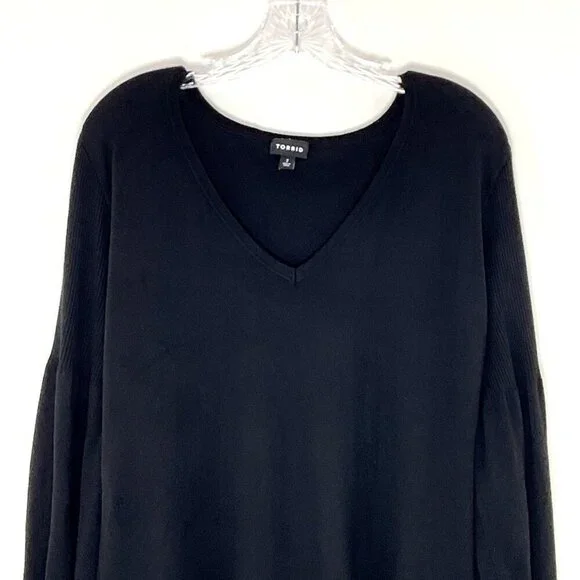 Torrid‎ Sweater Women 2X Black Puff Sleeve V-Neck Ribbed Hem Knit - Picture 4 of 11